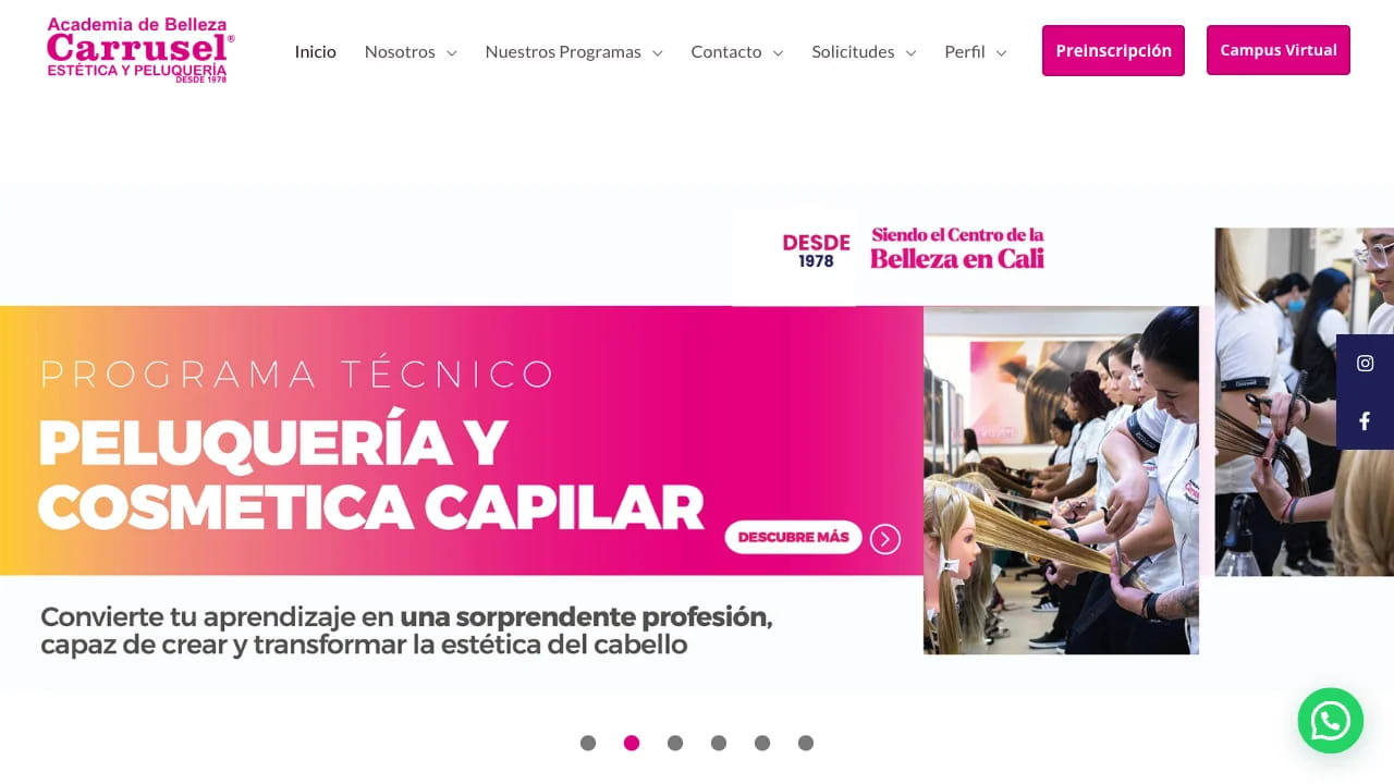 Academia de Belleza Carrusel: Sitio institucional para academia de belleza en Cali, con portales para estudiantes y servicios.