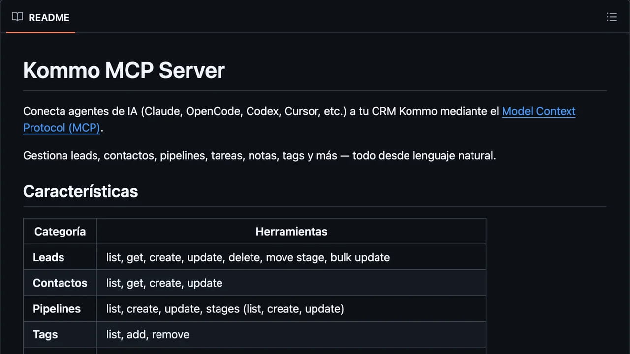 kommo-mcp: Servidor MCP en Python que conecta asistentes de IA con Kommo CRM.