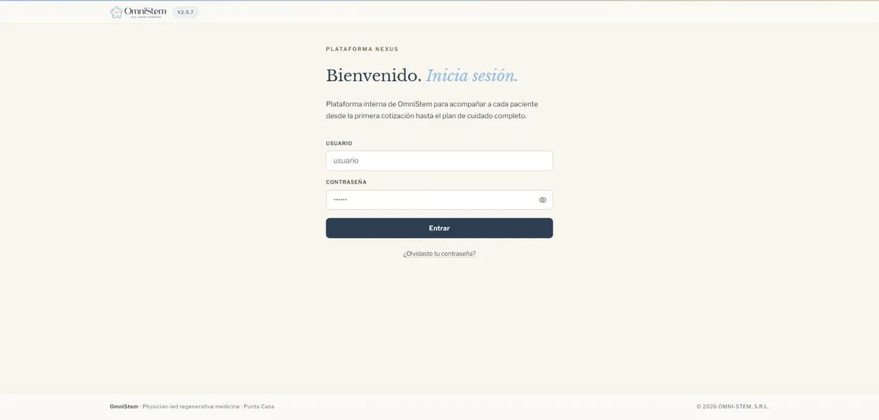 Nexus — Operaciones Clínicas (OmniStem): Plataforma de operaciones clínicas y portal de pacientes Connect para OmniStem, sobre Microsoft Azure.