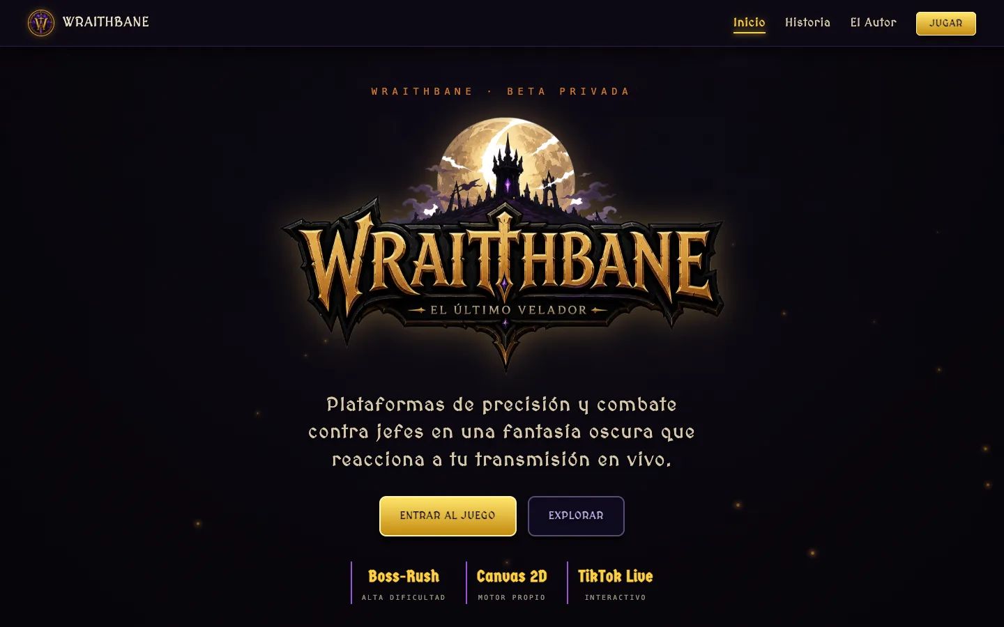Wraithbane: Videojuego 2D de plataformas y jefes de fantasía oscura, creado por Travis, donde la audiencia de TikTok Live y Kick interviene en tiempo real. Lo desarrollamos juntos.